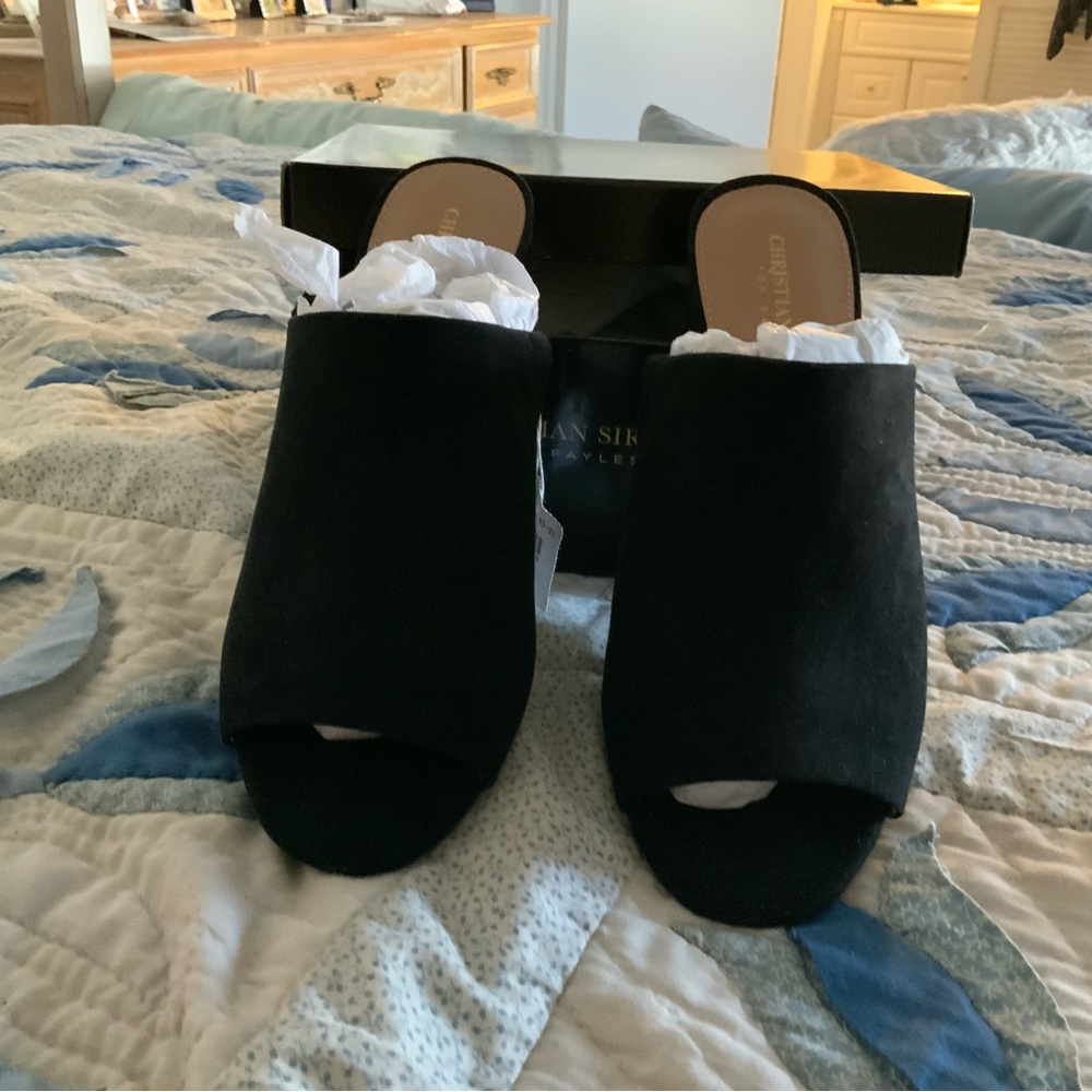 Christian Soriano suede.  Blk mule open toe